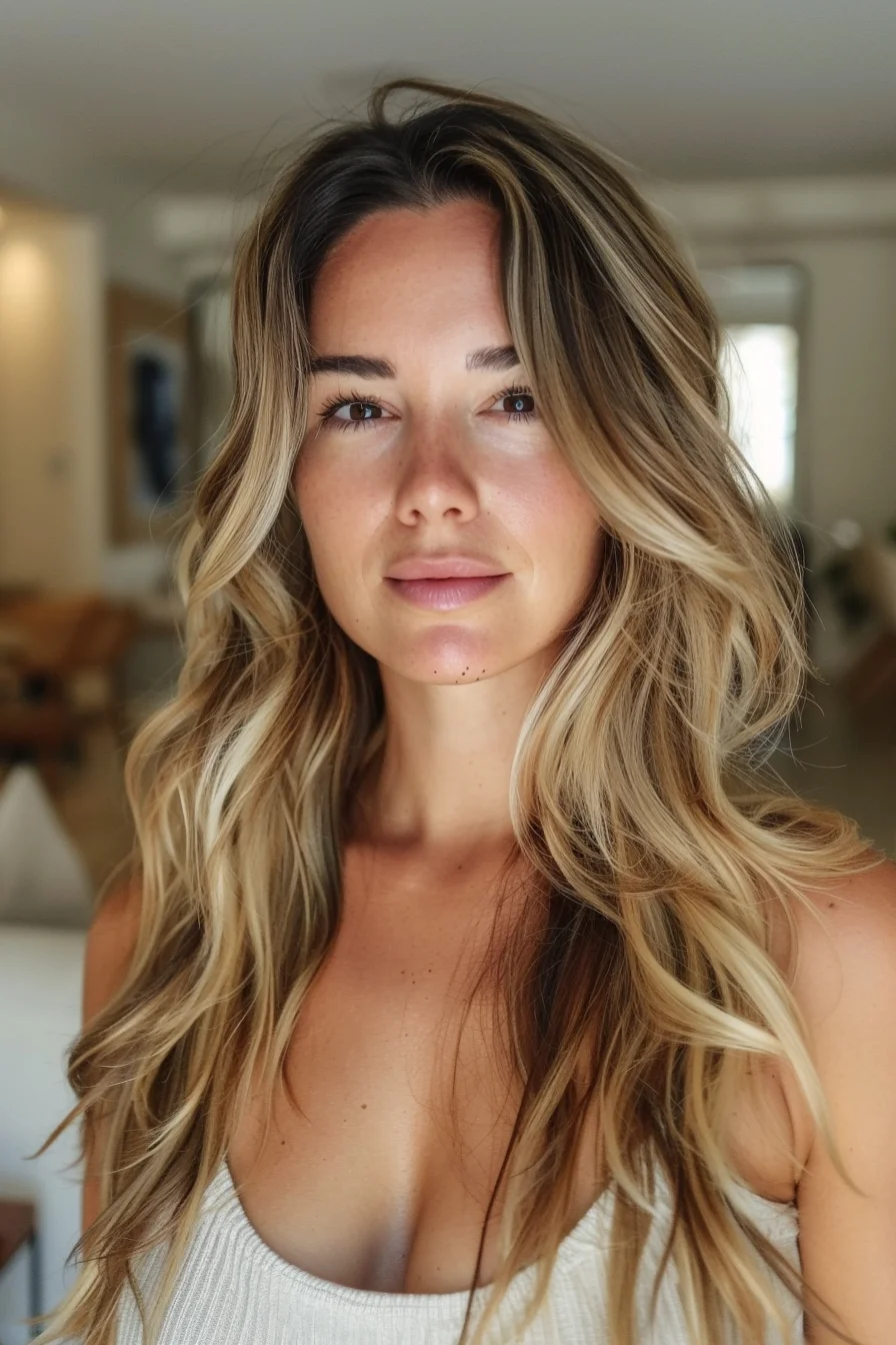 Sandy blonde tones transition beautifully from darker roots, with soft, face-framing layers that bring attention to the features. The loose waves create a carefree texture, while the blend of light and dark shades adds depth and natural contrast, making the look bright and full of movement.