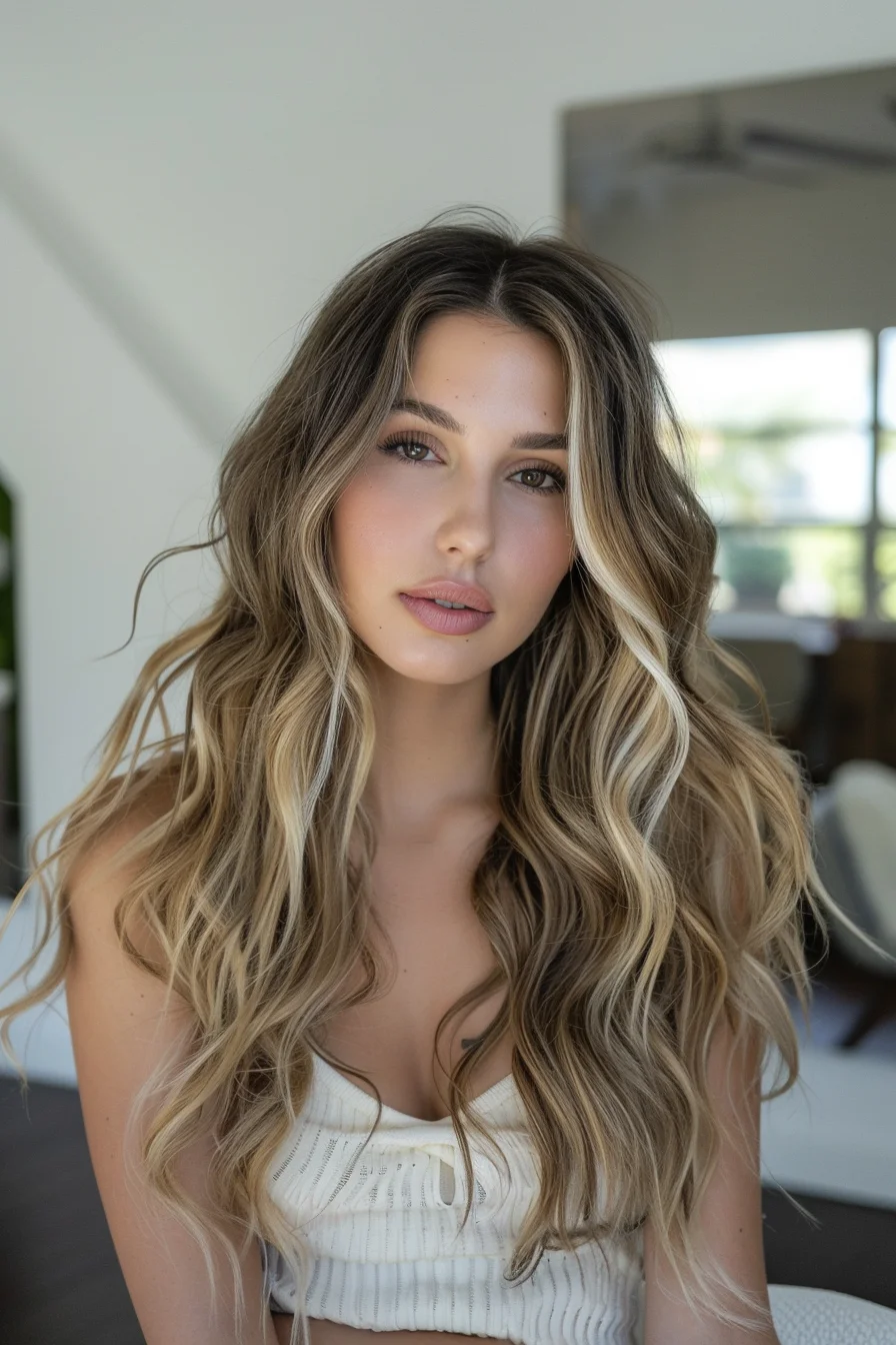 Balayage highlights in creamy blonde and warm honey tones flow gracefully through long, wavy layers, blending effortlessly with darker roots. The soft waves enhance the texture and depth of the color blend, while the face-framing pieces give the hair movement and a natural, sun-kissed finish.