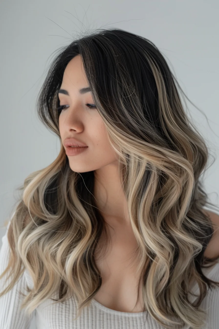Dark roots transition into creamy blonde balayage, framing the face with chic, face-framing layers. Loose waves enhance the contrast between the shades, giving the cut a dynamic, voluminous look that feels playful and modern.