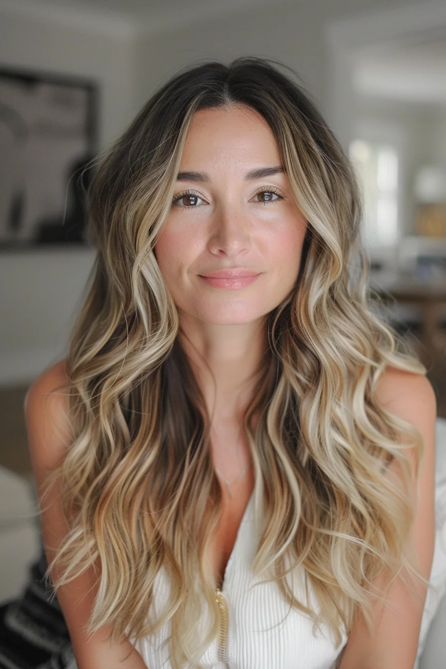 Ash-blonde highlights merge with darker roots, creating a bold contrast over cascading, wavy layers. The face-framing strands brighten the features, while loose waves add texture and movement throughout. The natural blend of light and dark shades brings a soft, sunlit look to the overall length.