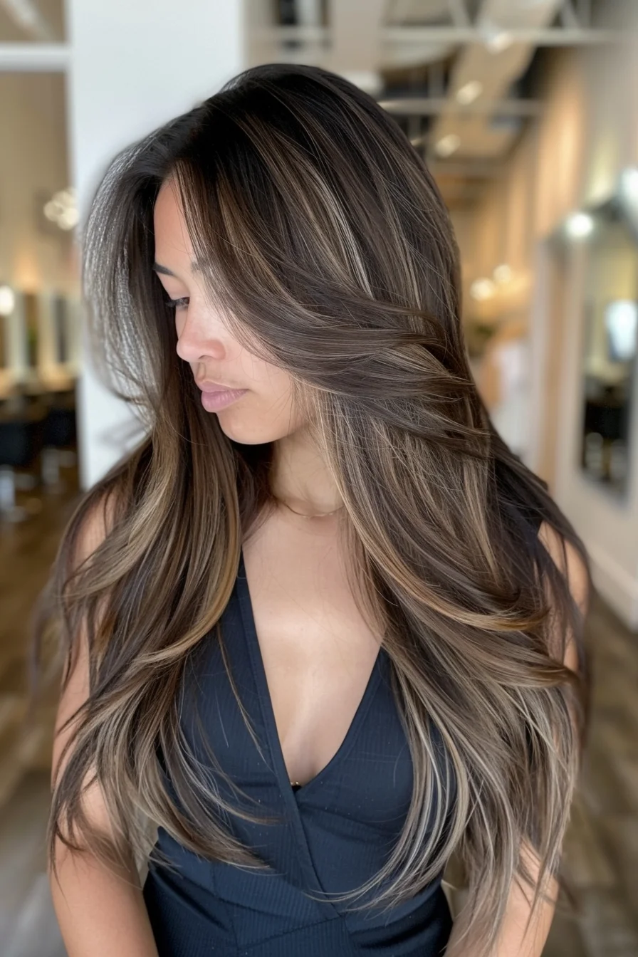 Soft waves cascade through long layers, blending chestnut brown tones with cool ash highlights. The face-framing pieces add dimension, while the layered ends create movement and texture. The balanced blend of darker roots and lighter streaks gives the hair a dynamic, voluminous appearance full of depth.