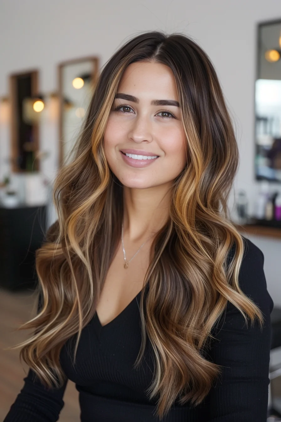 Golden caramel tones flow through smooth, wavy layers, blending beautifully with chocolate brown roots. The bright highlights around the face enhance the natural glow, while the soft waves and textured ends give the hair a lively, voluminous look that feels fresh and effortlessly vibrant.