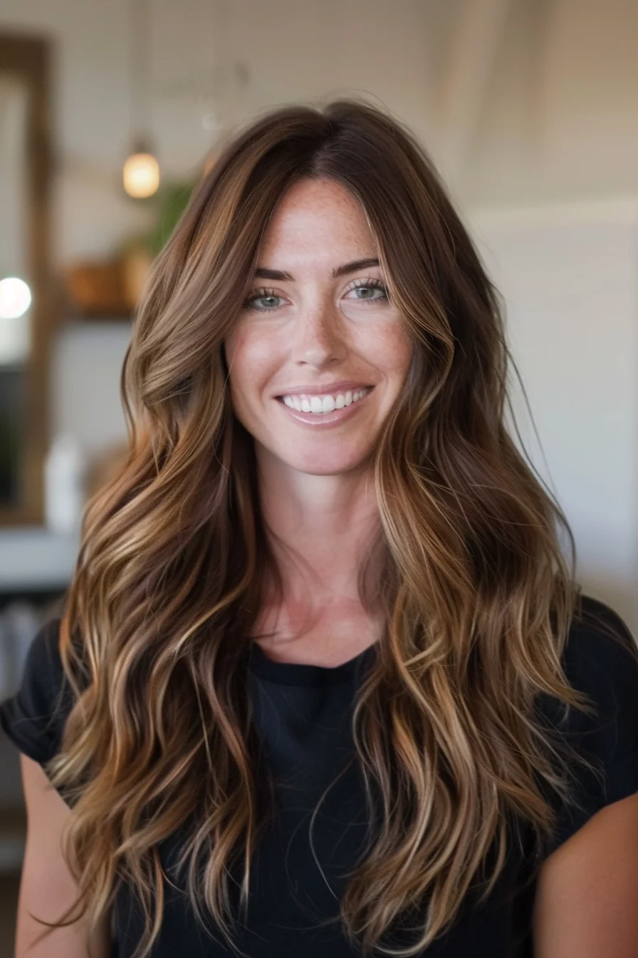 Long waves cascade with a warm mix of honey and caramel highlights against a deep brunette base. The face-framing layers softly contour, while the textured lengths create volume and flow. The blend of rich and bright tones gives the hair depth and a sun-kissed dimension that feels natural and bright.