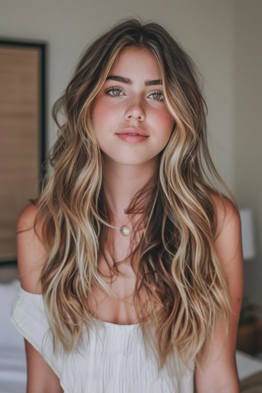 Beachy waves ripple through sandy blonde layers, transitioning seamlessly from darker roots to lighter, sun-kissed ends. The soft, face-framing pieces brighten the features, while the textured layers add volume and movement. The natural transition of tones creates a breezy, carefree appearance.