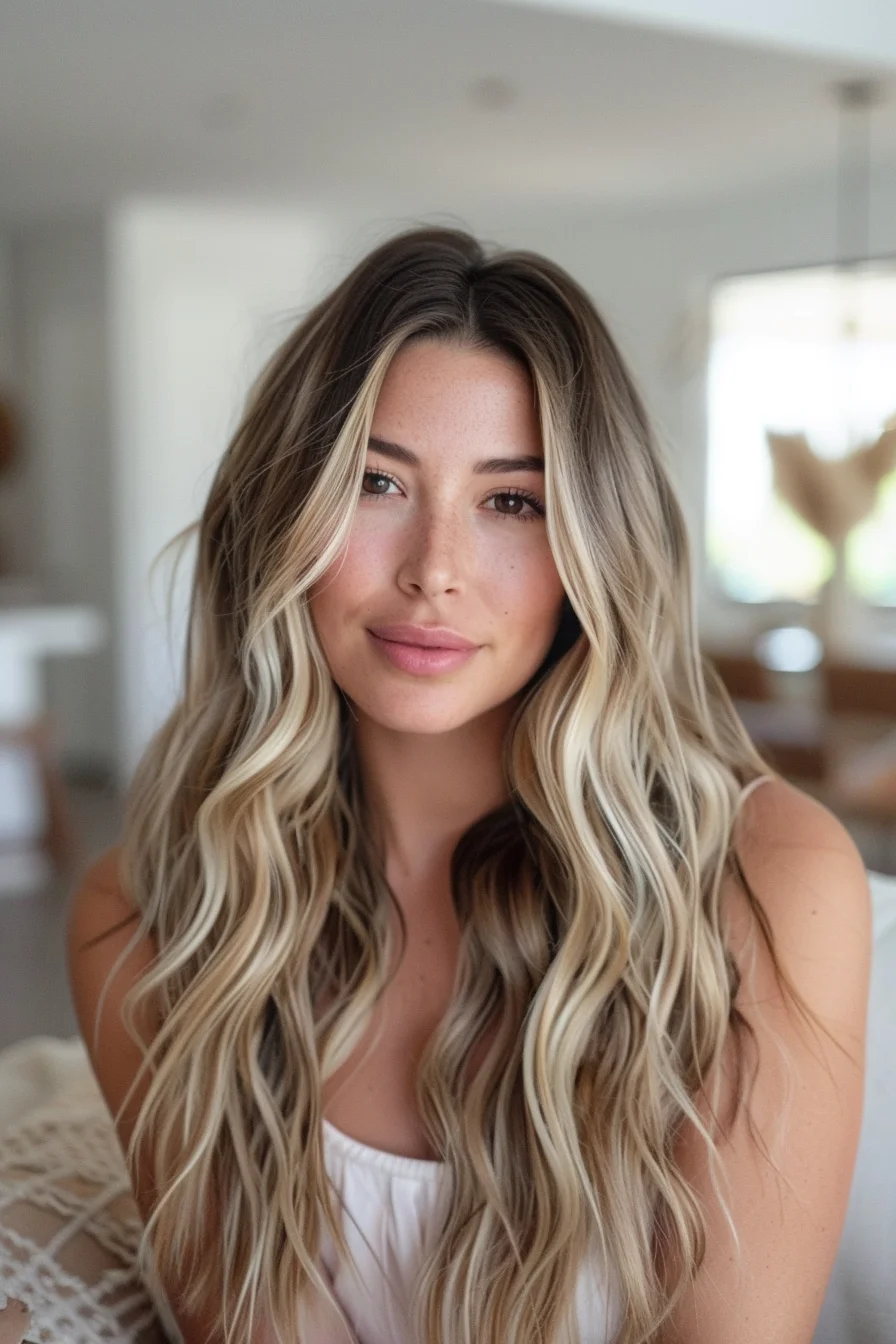 Beachy waves flow effortlessly through long, blended layers, transitioning from dark roots to bright, sandy blonde ends. Soft highlights frame the face, emphasizing the features. The textured layers create a relaxed and breezy appearance, adding depth to the overall look while keeping it light and natural.