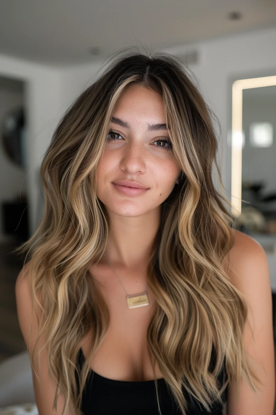 Loose waves cascade through long layers, with a mix of honey and ash-blonde highlights adding brightness and depth. The face-framing pieces softly contour the features, while the textured ends enhance movement. The blend of light and dark tones creates a natural, sunlit effect with effortless volume.