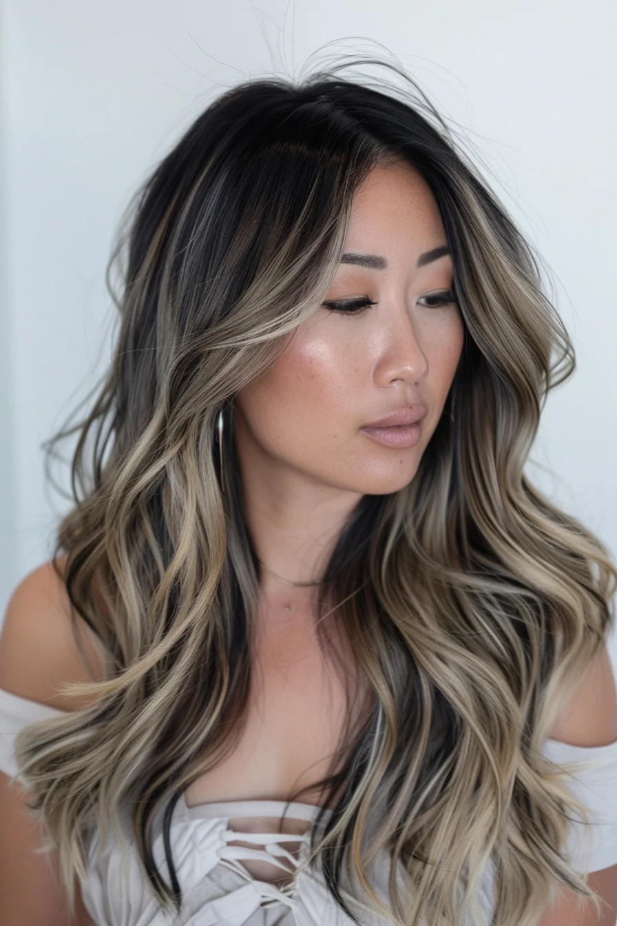 Ashy blonde tones merge gracefully with dark brown roots, creating a striking contrast that complements the layered cut. Large, flowing curls add body, while the layers provide volume and a flattering shape for any face.