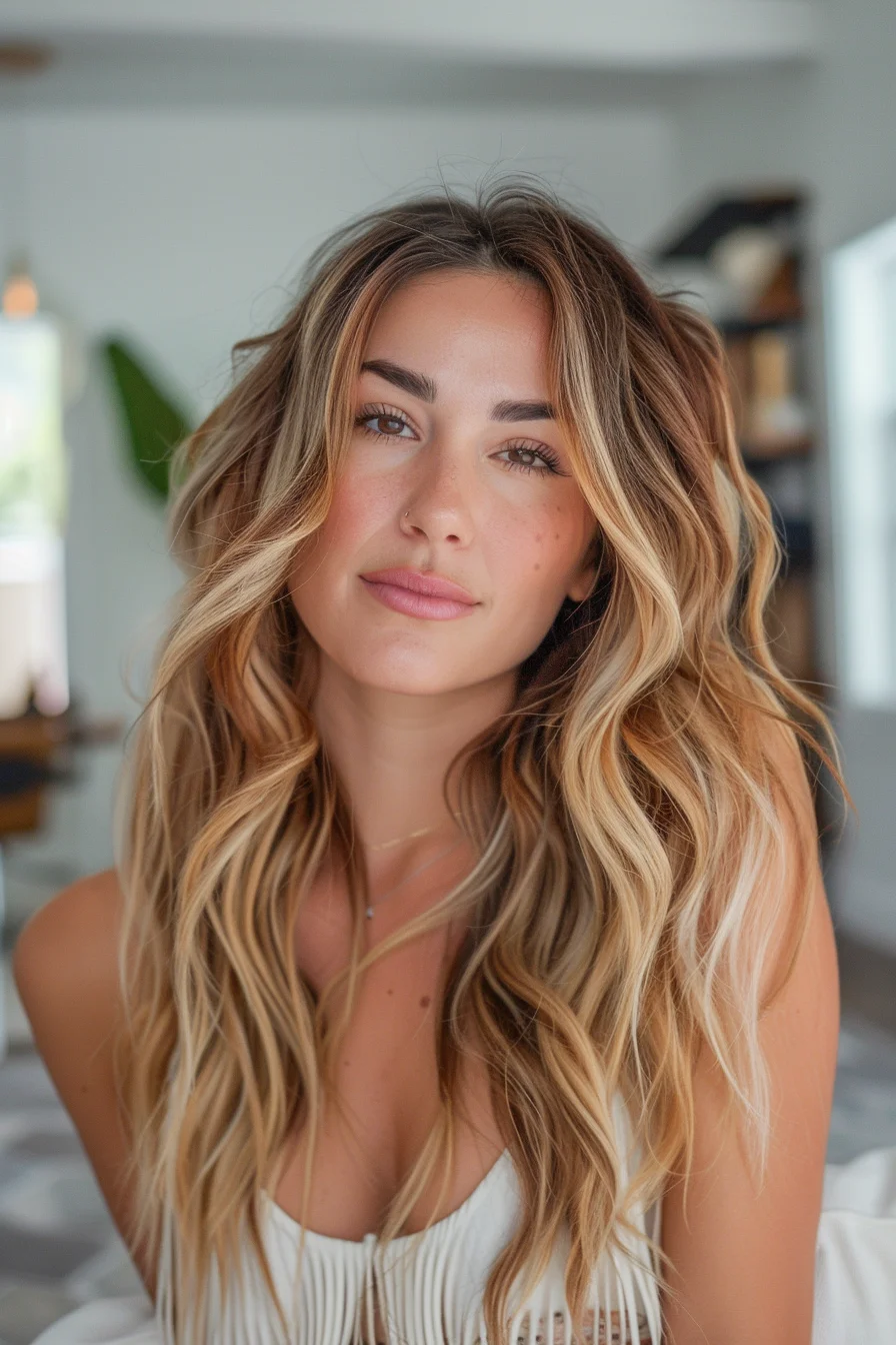 Soft waves ripple through cascading layers, blending warm blonde and caramel hues with darker roots. The face-framing highlights brighten the features, while the textured layers add volume and movement. The natural gradient of colors creates a luminous, sunlit look that feels fresh and full of life.