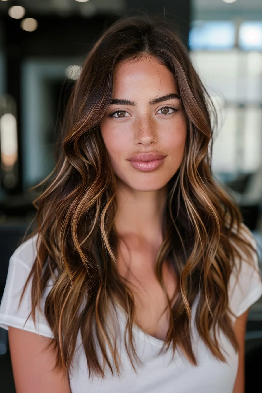 Warm caramel and honey highlights flow through long, loose waves, blending softly with deep brown roots. The layers frame the face, adding depth and dimension. The textured waves give a relaxed, voluminous effect, while the natural transition of tones creates a soft, sun-kissed appearance.