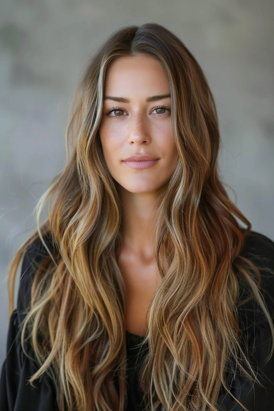 Subtle golden blonde highlights accentuate soft, flowing waves blended seamlessly with chestnut brown roots. Face-framing layers brighten the features, while the textured ends add movement and volume. The natural gradient of warm and cool tones enhances the dimensional and luminous look.