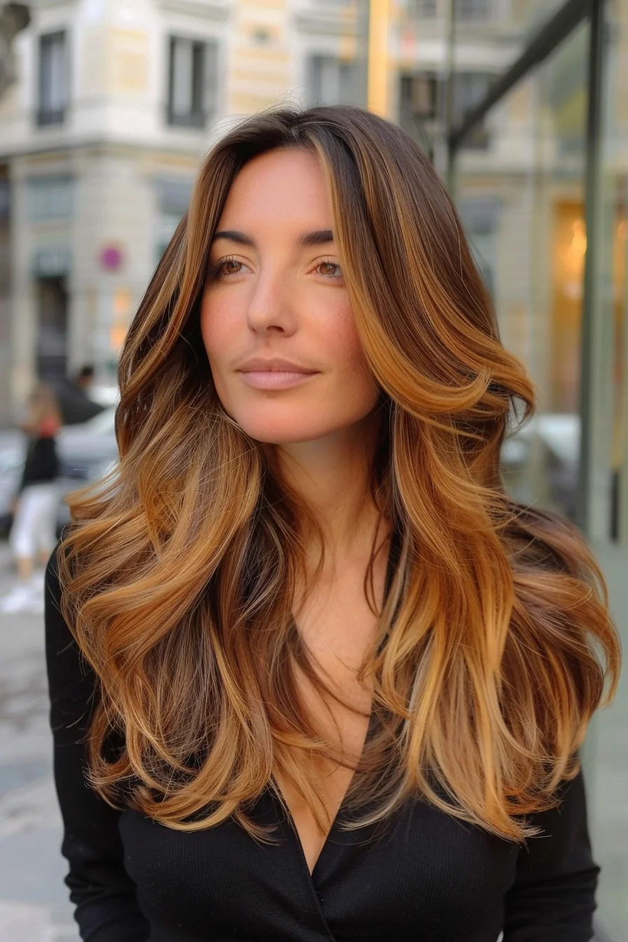 Voluminous layers with golden and copper tones create a radiant, multi-dimensional look. The face-framing highlights add brightness, while the smooth, cascading waves bring texture and depth. The blend of warm hues and soft movement gives the hair a light, effortless yet bold appearance.