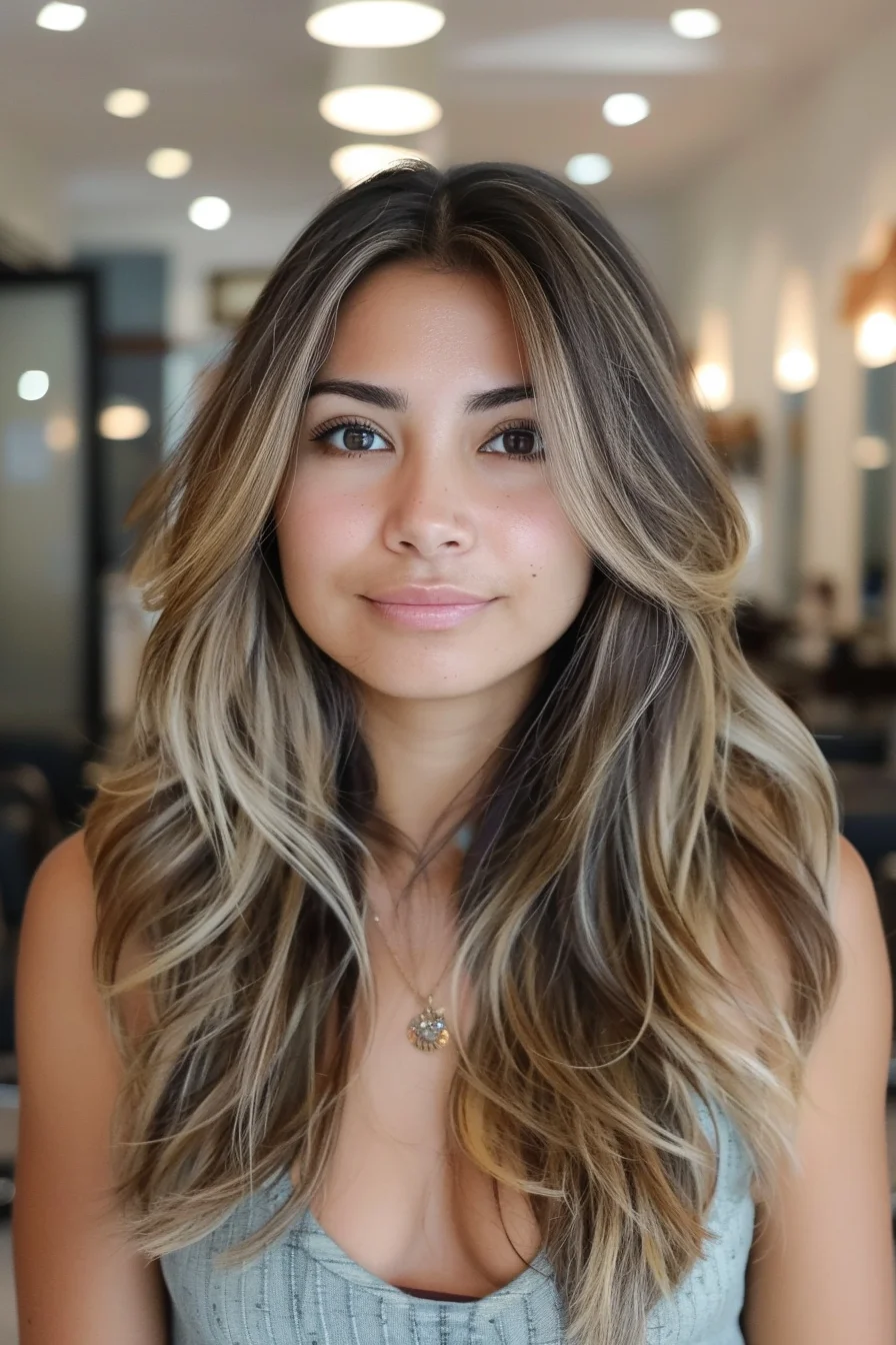 Cool ash and sandy blonde highlights flow through long, blended layers, transitioning naturally from darker roots. The face-framing strands brighten the features, while textured layers create movement and volume. The soft waves and balanced tones give the look a relaxed and airy quality.