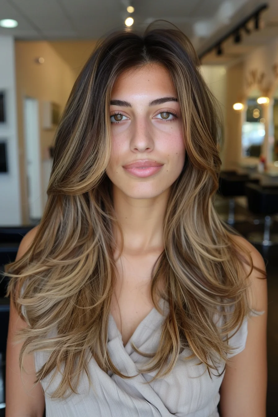 Feathered layers cascade into soft, bouncy waves, blending honey and ash-blonde tones with light brown roots. The highlights contour the face, while the layered lengths create volume and texture. The gradient of cool and warm shades adds dimension, giving the hair a luminous and natural effect.