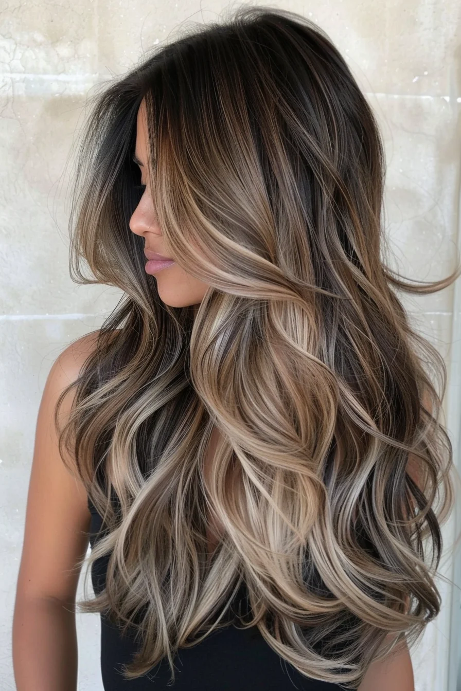 Long layers paired with a rich caramel balayage create a multidimensional effect. The wavy texture brings out the lighter ends, while the face-framing layers soften the look, making it both bold and effortlessly chic.