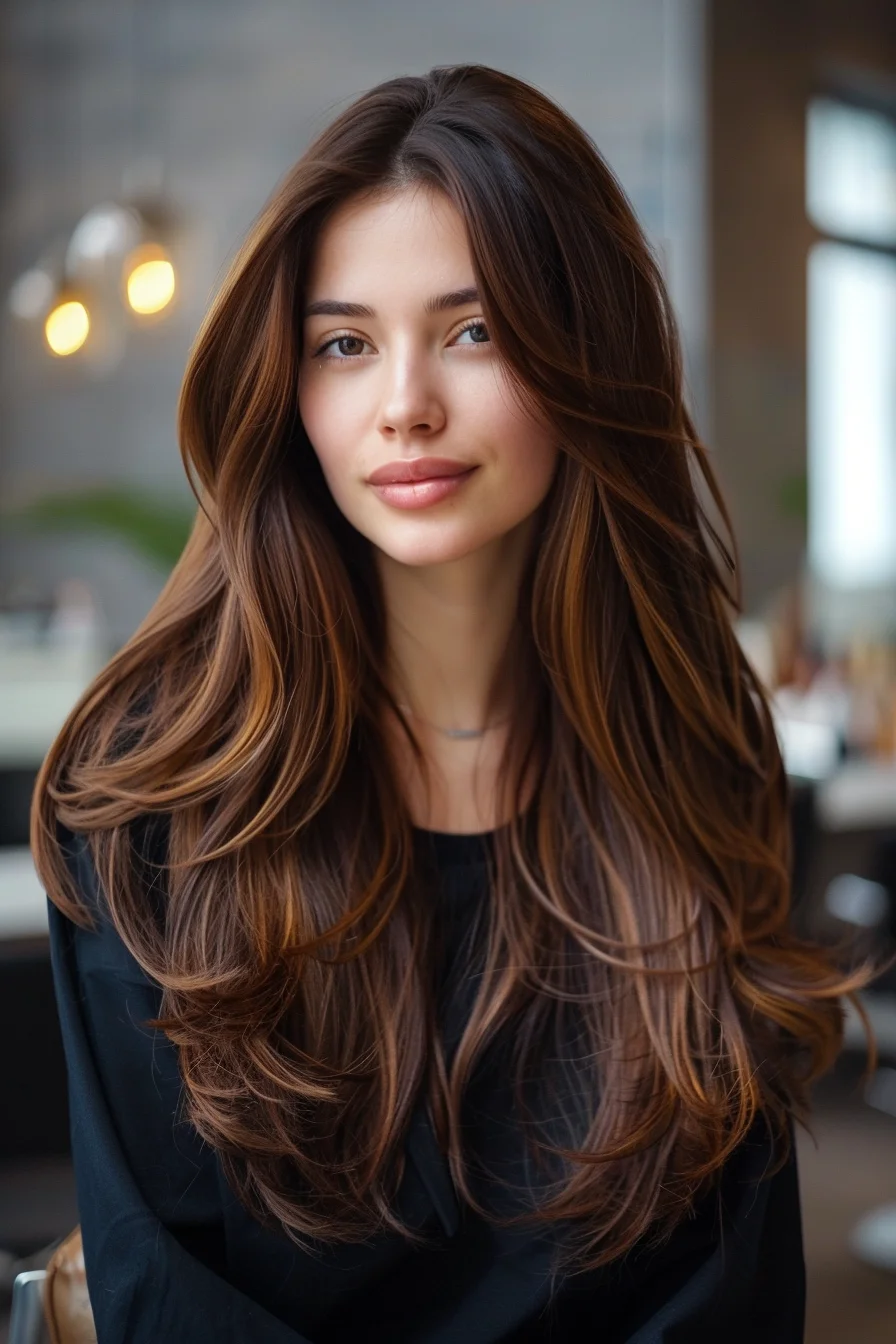 Chestnut brown hair flows beautifully with a subtle gloss, while layers are delicately cut to frame the face and add dimension. The silky, smooth texture paired with the layered shape makes the length feel light and full of life.