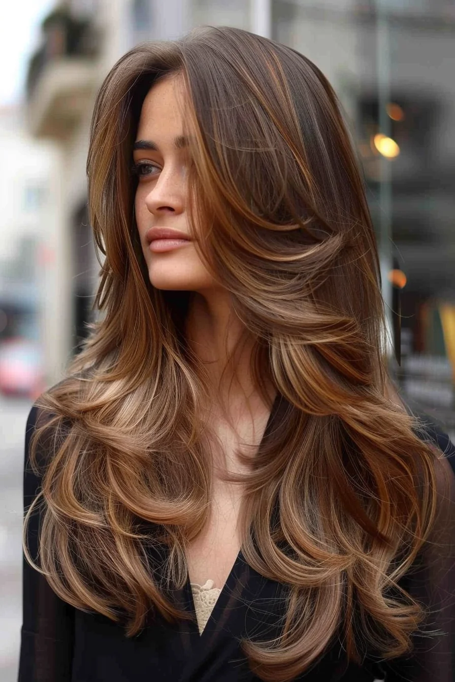 Soft layers frame the face beautifully, blending into cascading waves of rich caramel and chestnut tones. Subtle highlights catch the light, adding depth and dimension to the flowing lengths, while the layers create movement and an effortless, airy finish that feels natural and fresh.