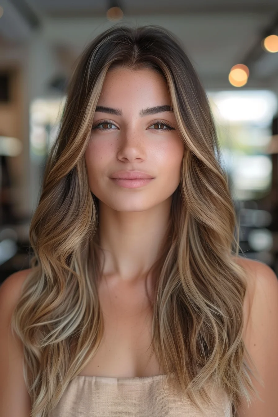 Beachy waves with long, blended layers create a relaxed, natural look. The warm blonde balayage, paired with darker roots, provides a seamless gradient of color. Layers around the face softly contour, while the texture adds a breezy, sunlit charm to the overall appearance.