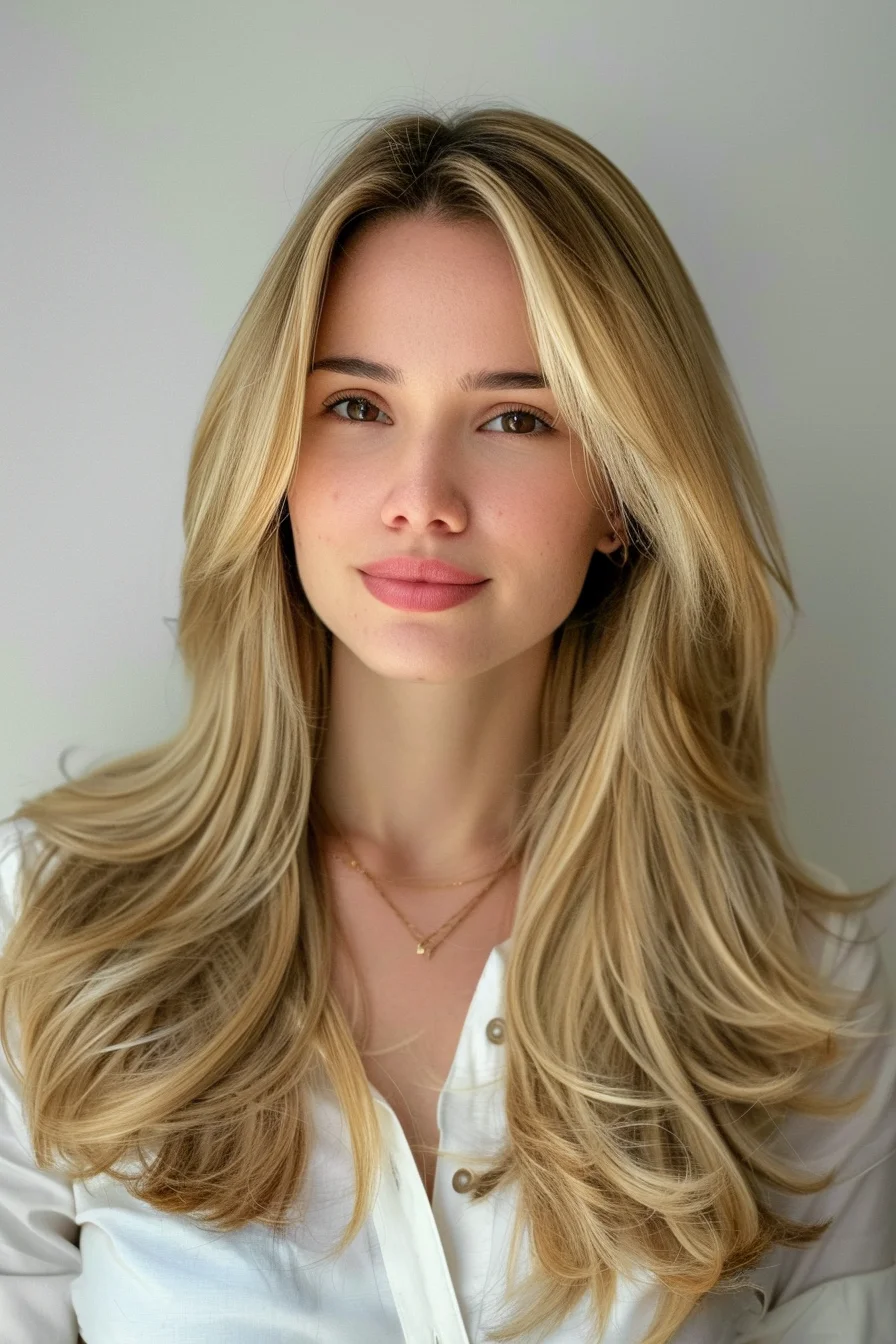 Bright blonde tones are brought to life with sleek, face-framing layers that flow into longer lengths. The center part highlights the symmetry of the cut, while feathered ends give it a soft finish. The buttery blonde hue adds brightness and complements the smooth, flowing layers perfectly.