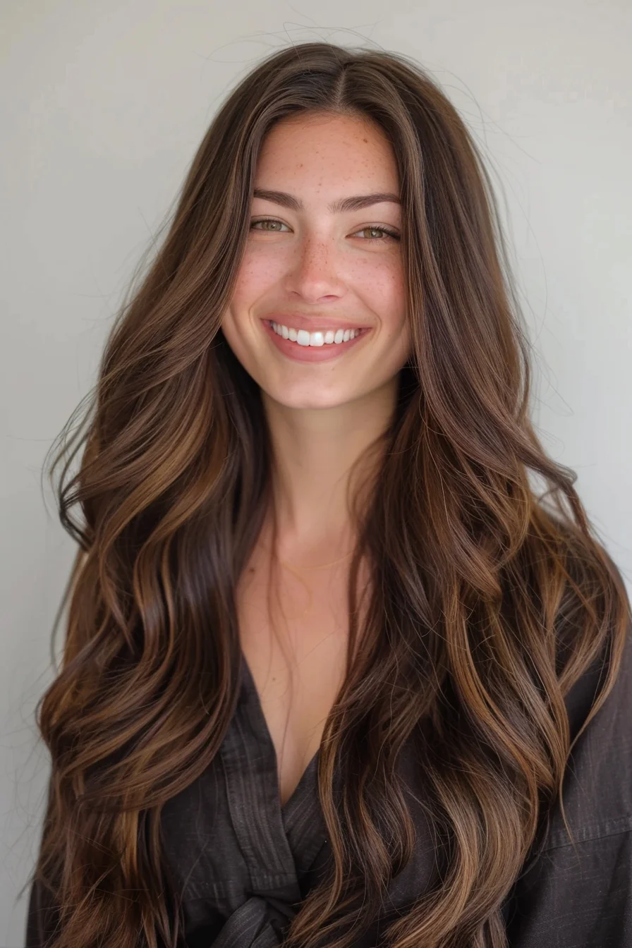 Rich chocolate brown hair is enhanced by subtle caramel highlights that add dimension and warmth. Long, blended layers flow seamlessly, creating a look full of natural movement and volume. The soft waves and face-framing pieces bring out the texture without losing the length's fullness.