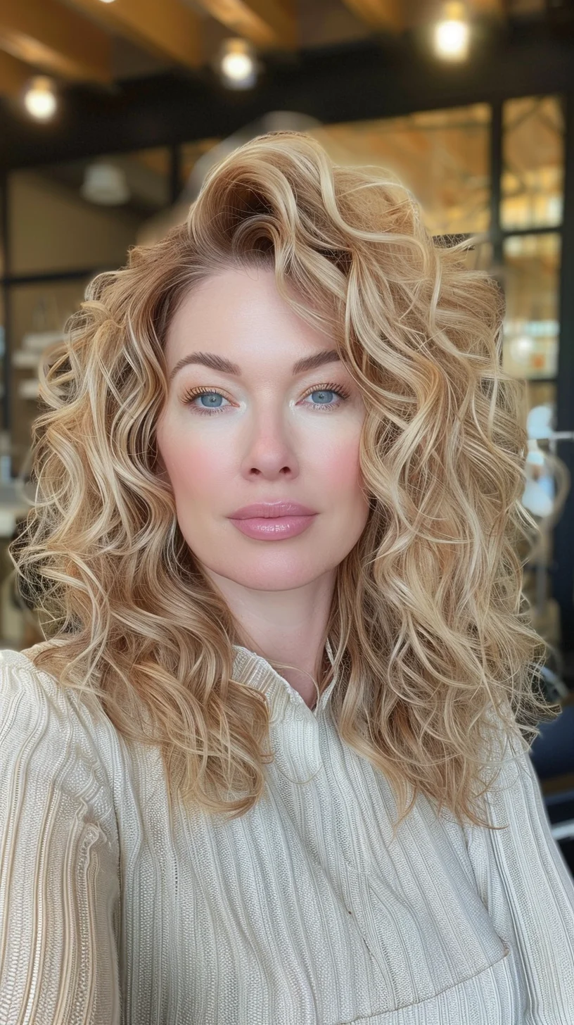 Beautifully blended baby blonde waves cascade down with dimensional honey and platinum tones creating stunning movement. Root area shows a natural shadow that transitions seamlessly into lighter ends, while soft waves add incredible volume and texture. Natural-looking balayage technique gives depth through mid-lengths, making hair appear thick and lustrous.