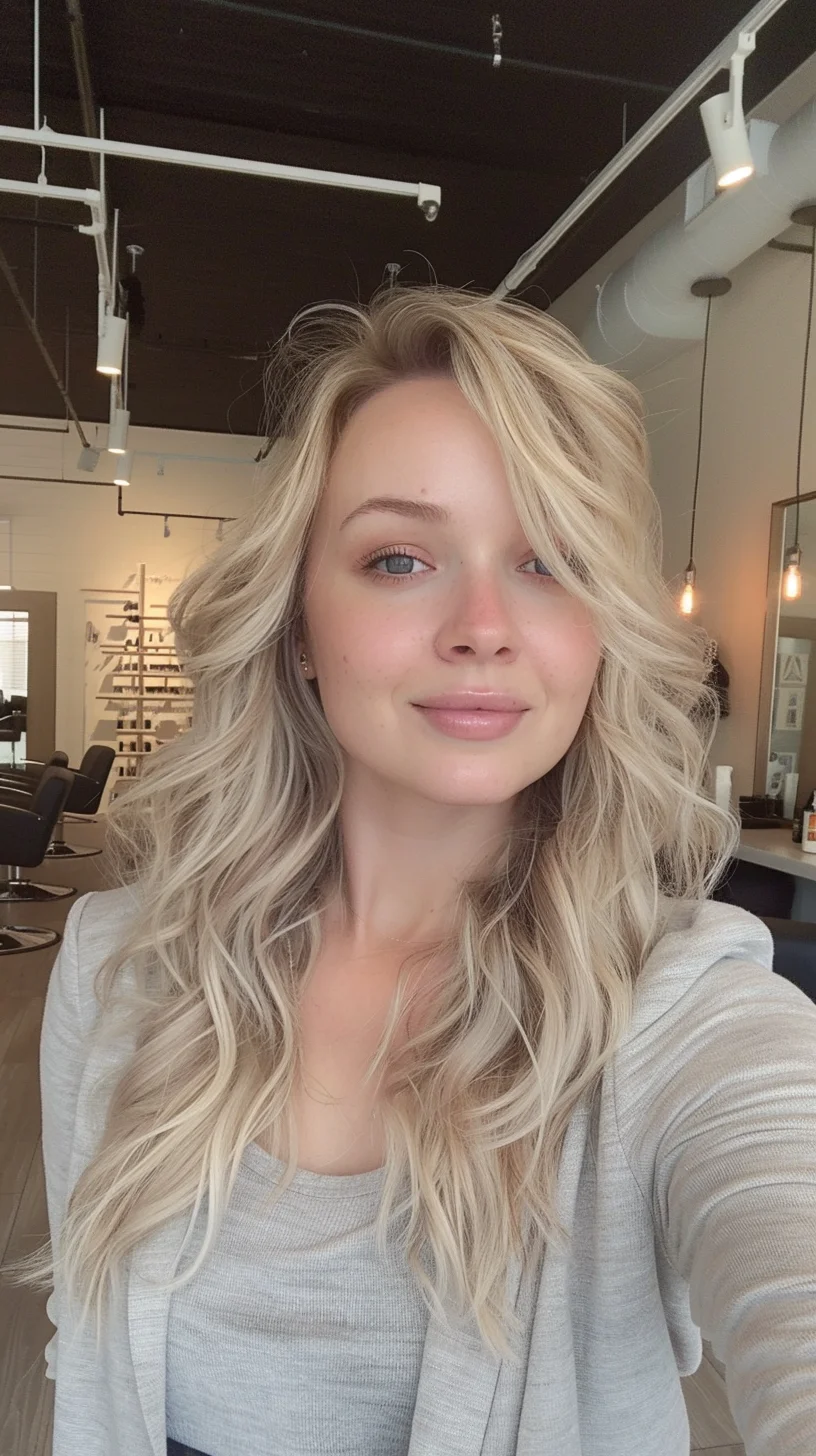 Long, flowing baby blonde hair showcases incredible brightness from roots to ends. Subtle root shadow provides depth while platinum pieces pop throughout. Soft waves add natural movement and volume. Multiple blonde tones from vanilla to champagne catch light differently with each turn.