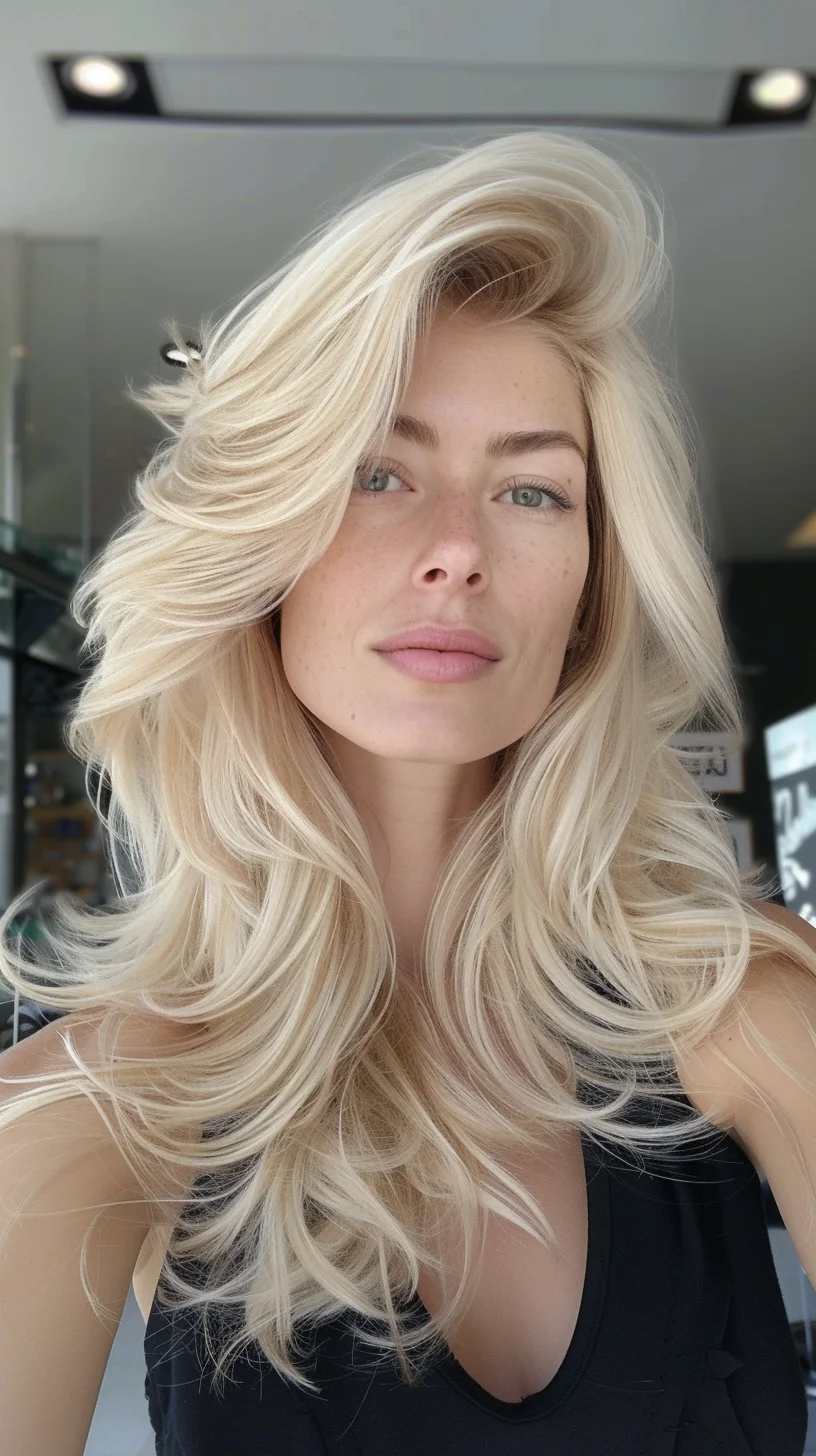 Luminous baby blonde hair flows in cascading layers, featuring a root-to-tip transformation from deeper honey blonde to bright platinum ends. Volume concentrates at the crown while soft curves and coils create movement throughout the mid-lengths. Multi-dimensional highlights blend seamlessly, incorporating both warm and cool blonde tones that catch light differently with each turn.