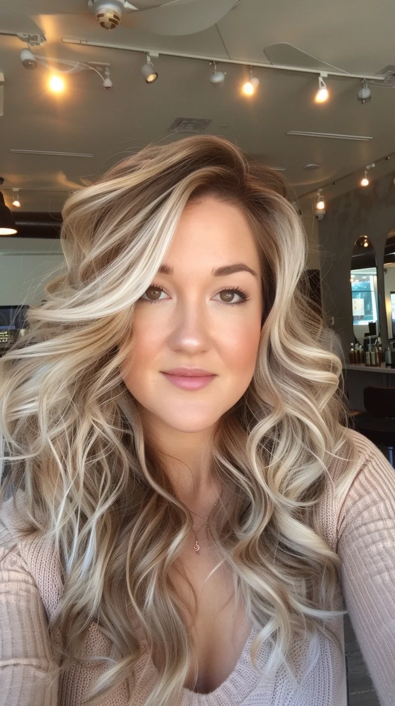 Long, flowing layers of baby blonde hair showcase stunning dimension through varied blonde shades. Darker roots melt into bright platinum pieces while subtle lowlights create remarkable depth. Each curl forms naturally, with varying sizes and directions adding incredible texture. Crown height combines with face-framing pieces to create beautiful balance and movement throughout.