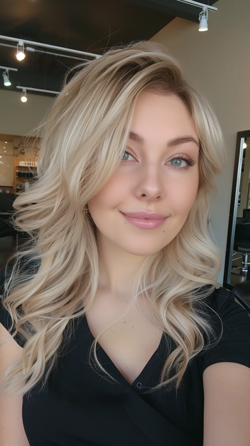 Baby blonde coloring features dramatic root contrast that smoothly transitions to bright platinum ends. Multiple layers cut at different lengths create natural volume and movement. Soft waves alternate directions, showing off the multi-tonal blonde work. Side-swept bangs blend flawlessly with face-framing pieces, while crown volume adds dramatic height and fullness.