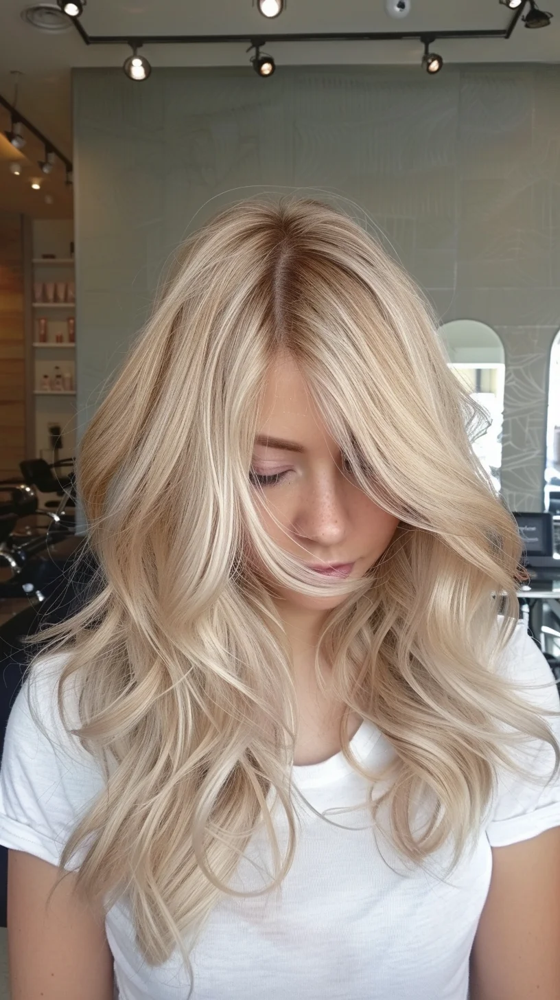 Gleaming baby blonde hair incorporates varied tones from creamy vanilla to icy platinum. Natural-looking darker roots provide depth while bright pieces pop throughout the lengths. Layers cut at multiple angles create incredible volume and texture. Waves moving in different directions showcase the dimensional color work and add amazing movement.