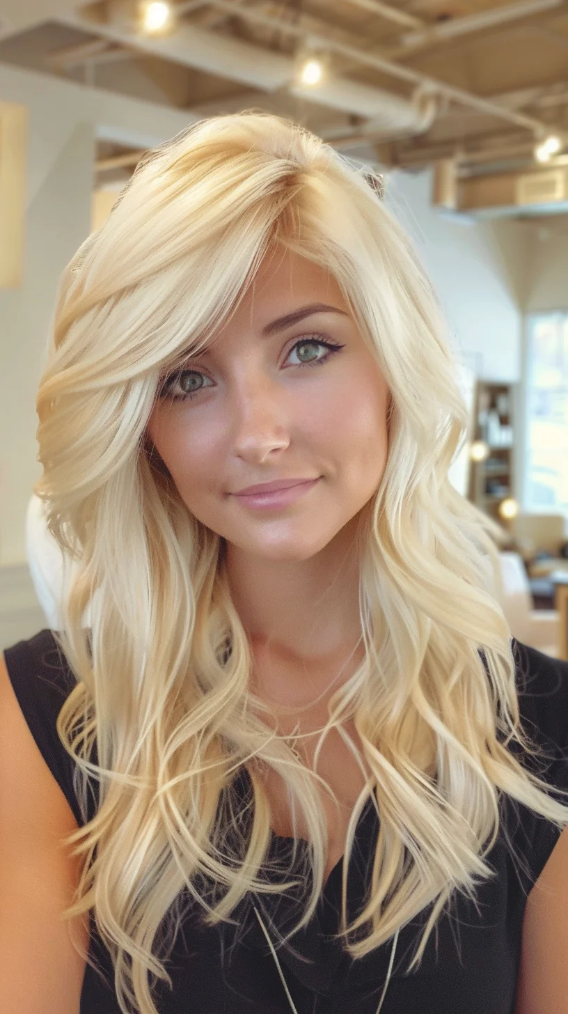 Brilliant baby blonde coloring combines warm honey tones with cool platinum pieces. Root shadowing creates natural depth while highlights pop throughout each layer. Side-swept bangs blend into face-framing pieces, while longer layers add beautiful movement. Crown volume rises naturally before transitioning into soft waves that show off multiple blonde dimensions.