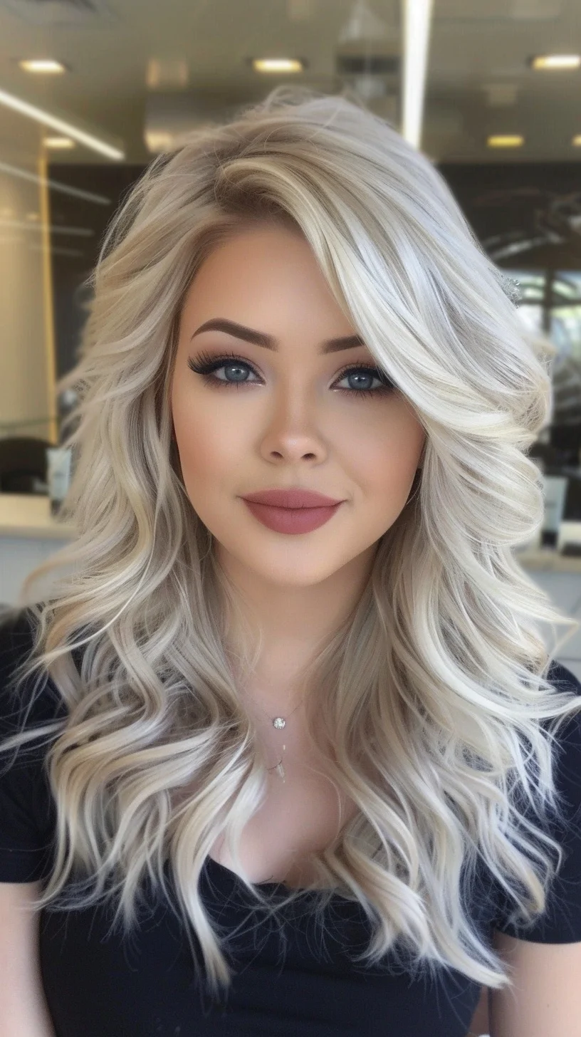 Stunning platinum baby blonde shade flows from a subtle root shadow to bright, icy ends. Multiple layers create remarkable volume and movement throughout, while soft waves curve in alternating directions. The color transitions seamlessly from deeper blonde at the roots through varying champagne and pearl tones, catching light differently at every angle and adding incredible dimension to each layer.