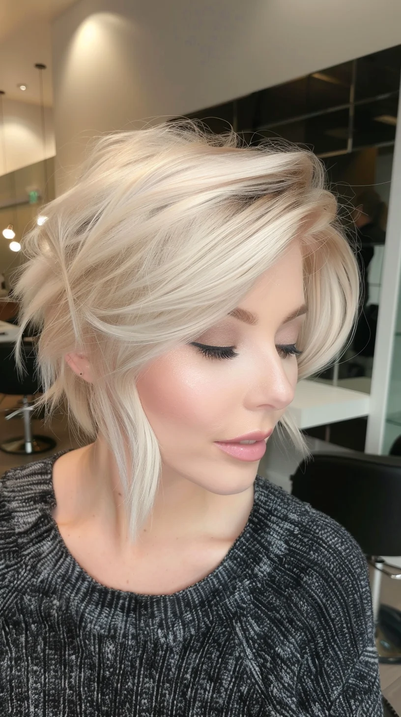 Textured updo showcases platinum baby blonde coloring with darker roots melting into bright ends. Wispy pieces frame the face while volume concentrates at the crown, creating beautiful height. Each section shows off the multi-dimensional color work, from warm honey tones to cool platinum highlights. Loose strands add airy movement and showcase the color's depth.