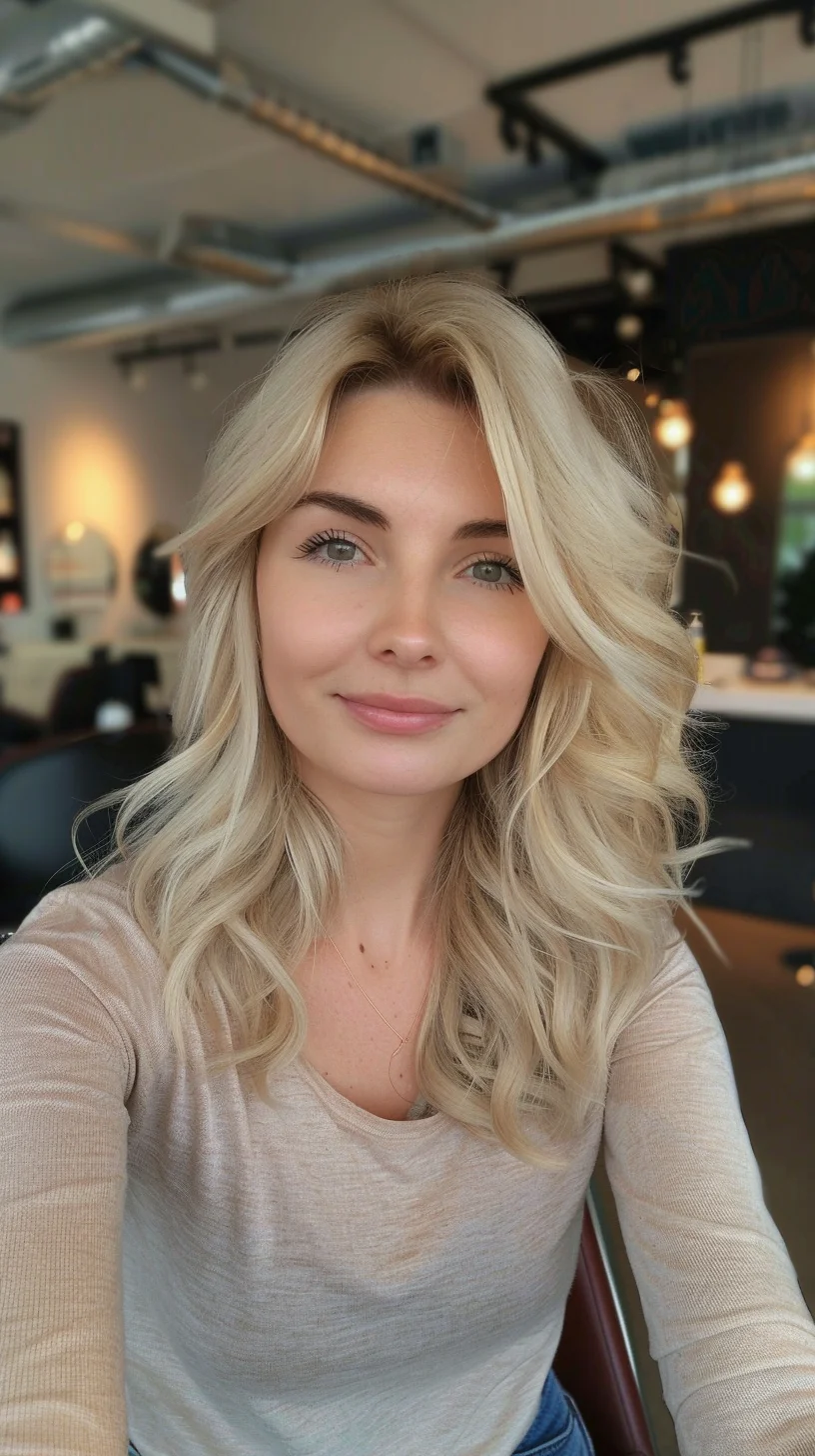 Medium-length baby blonde features a dramatic blend from darker roots to pure platinum ends. Gentle waves add movement while layers create volume throughout. Side-swept bangs blend smoothly with face-framing pieces. The color incorporates multiple blonde tones - from creamy vanilla to icy platinum - creating remarkable depth and dimension through each curve and coil.
