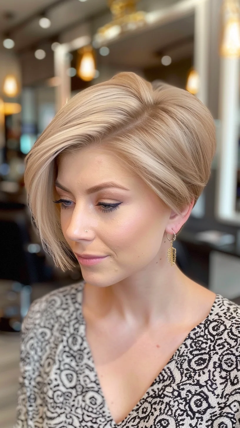 Sleek pixie cut in baby blonde demonstrates gorgeous color blending from roots to ends. Crown height provides dramatic volume while side-swept bangs add softness. Light catches differently on each angle, highlighting the varying blonde tones from warm champagne to cool platinum.
