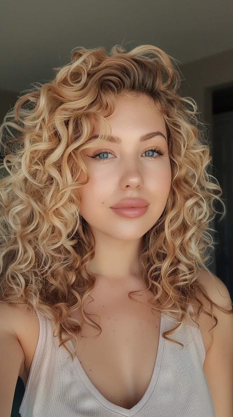 Voluminous curls spring to life in a stunning baby blonde shade, featuring intricate spiral patterns throughout. Rich depth at roots gradually lightens to bright blonde ends, creating gorgeous dimension. Each curl appears bouncy and defined, with varying sizes of ringlets adding incredible texture and movement to the overall look.