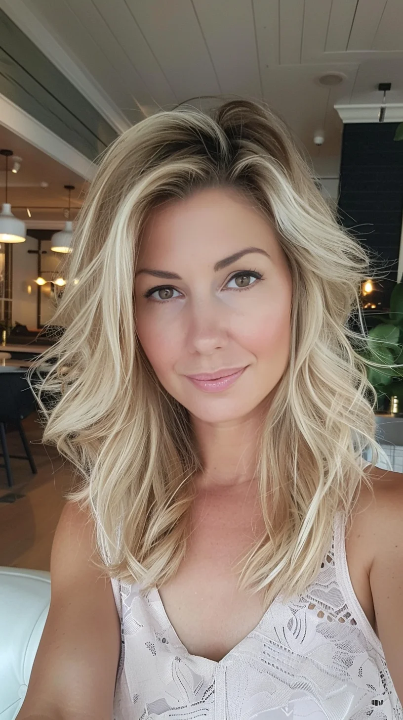 Long, layered baby blonde incorporates varying depths of color from roots to ends. Natural-looking waves create movement while layers add volume throughout. Crown area features lifted roots for height, while face-framing pieces soften the overall look. Multiple blonde tones blend harmoniously, from deeper honey to bright platinum, creating stunning dimension.