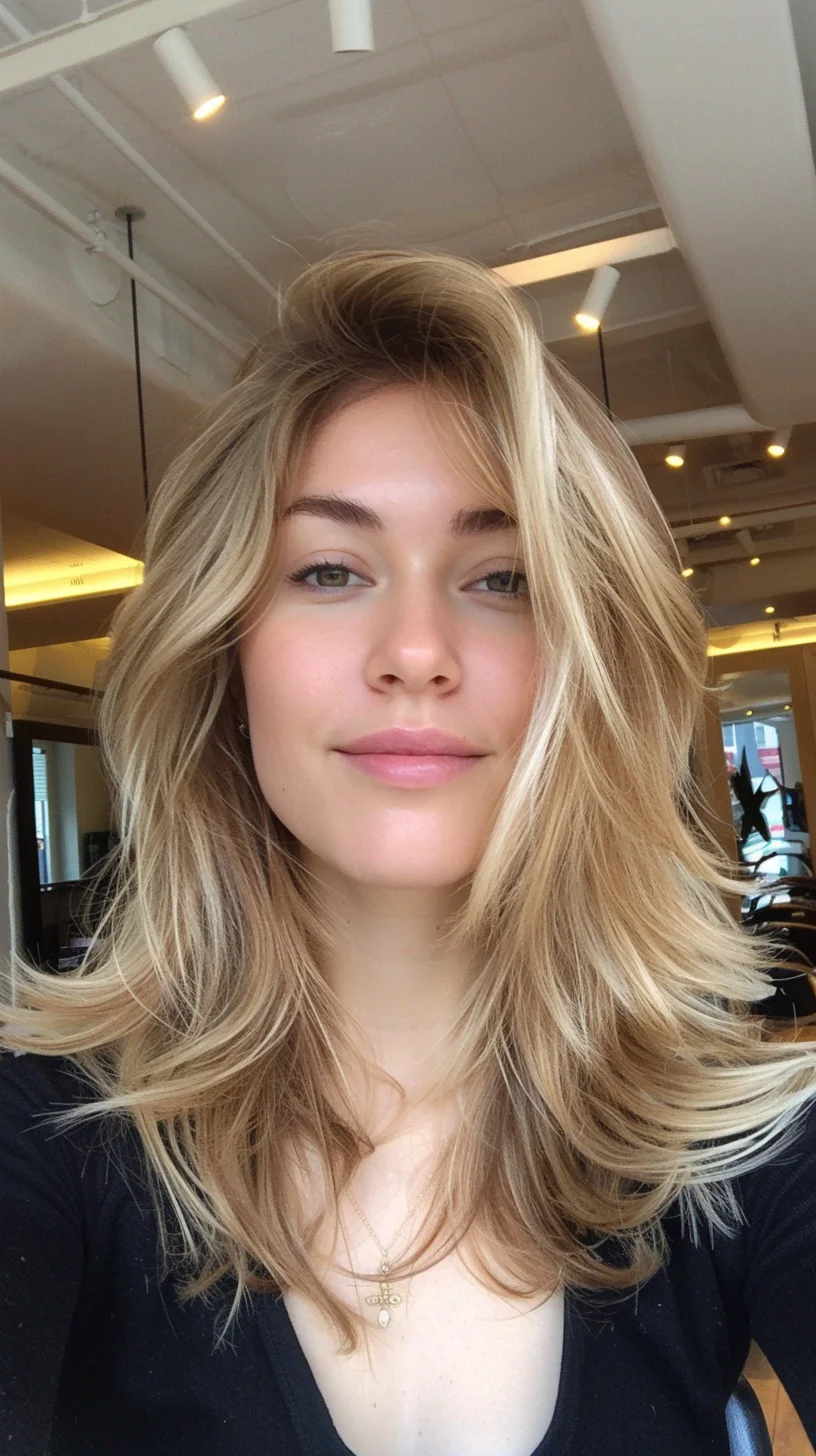 Medium-length layered cut showcases a beautiful baby blonde color with subtle root shadowing that melts into brighter ends. Multiple layers create natural volume while soft waves add incredible movement throughout. Crown height provides lift while face-framing pieces blend seamlessly with the overall shape.