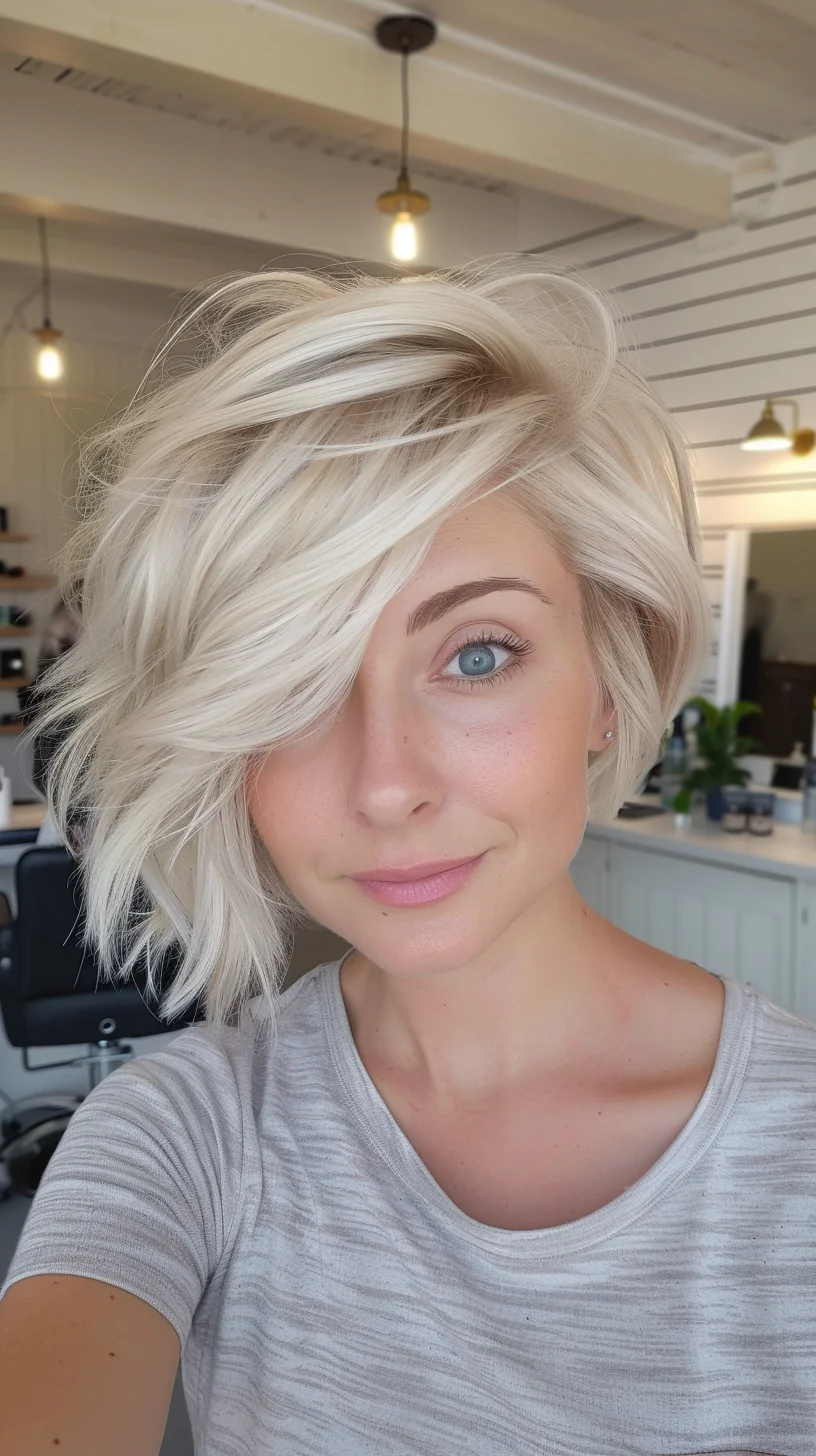 Asymmetrical short cut features a striking baby blonde shade with darker roots transitioning to bright platinum ends. Crown volume rises dramatically while side-swept sections create dynamic movement. Longer pieces sweep across one side, blending with shorter layers underneath. 