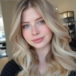 Long, flowing baby blonde hair demonstrates stunning dimension from roots to ends. Natural waves create movement while layers provide fullness and body. Root area shows a seamless transition from deeper blonde to bright platinum, while varying blonde tones - from creamy vanilla to icy champagne - add remarkable depth throughout each curve and layer.