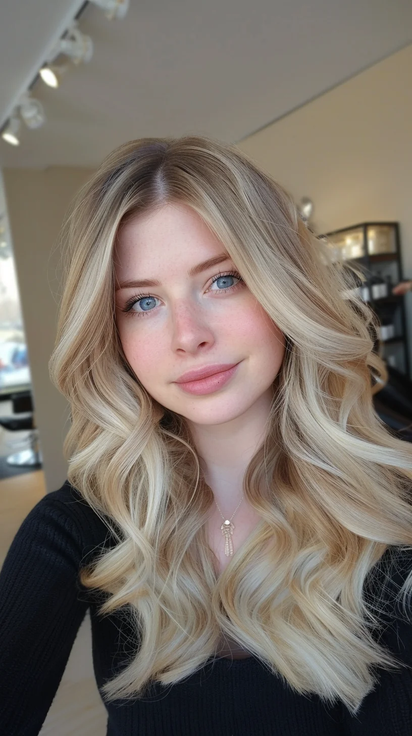 Long, flowing baby blonde hair demonstrates stunning dimension from roots to ends. Natural waves create movement while layers provide fullness and body. Root area shows a seamless transition from deeper blonde to bright platinum, while varying blonde tones - from creamy vanilla to icy champagne - add remarkable depth throughout each curve and layer.