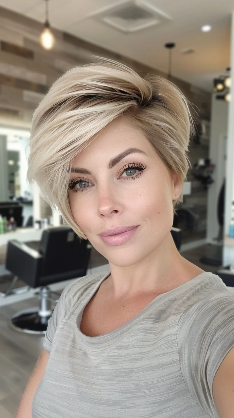 Short pixie creation combines baby blonde coloring with dramatic crown volume. Longer top sections sweep to one side while shorter underneath layers provide structure. Root shadowing creates depth as color brightens toward ends. Multiple blonde tones blend harmoniously, from subtle honey to bright platinum, enhancing the dynamic layered design.