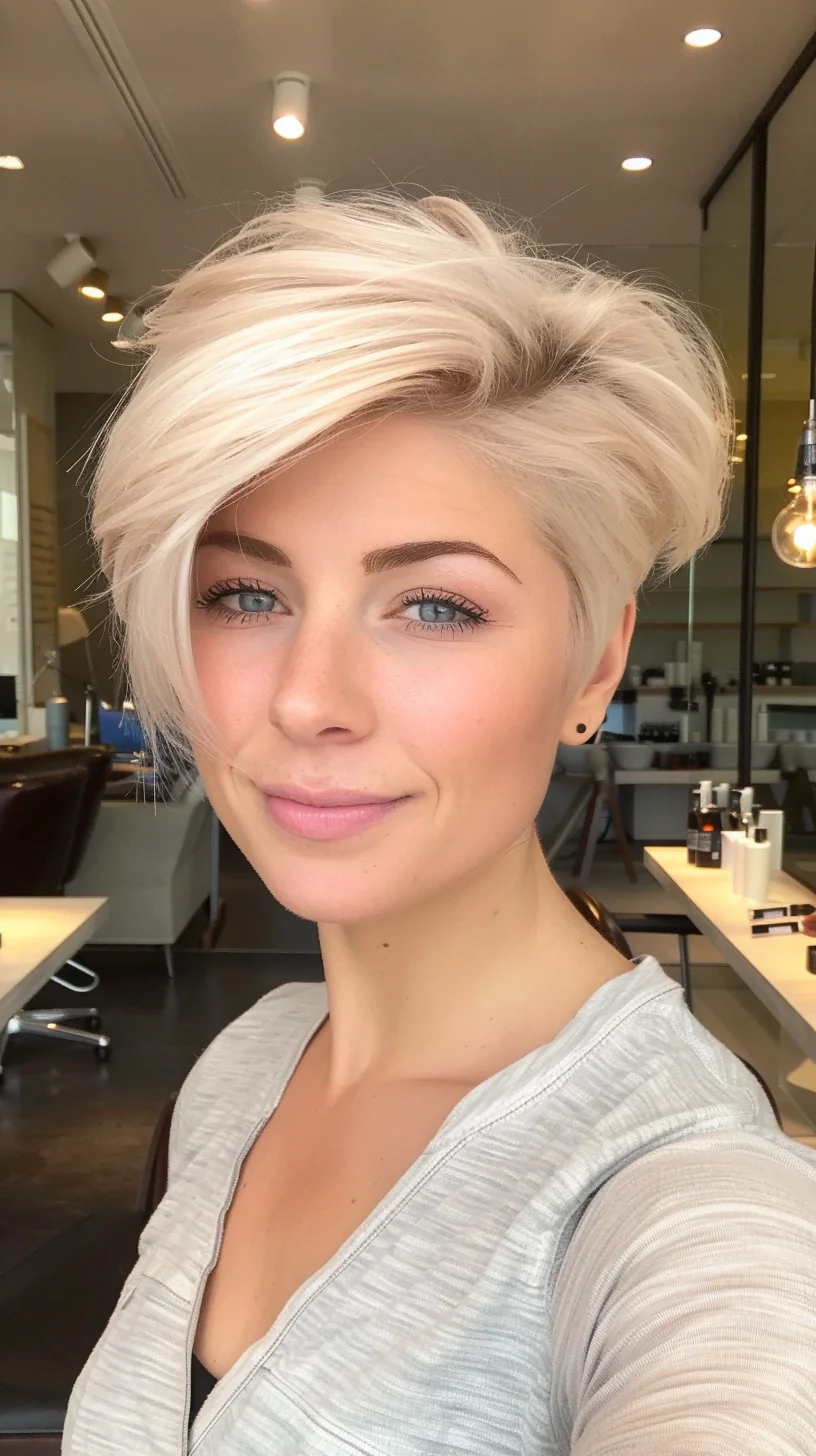 Modern pixie cut showcases brilliant baby blonde coloring with voluminous crown height. Side-swept top layers create movement while shorter sides add structure. Color transitions smoothly from subtle root shadow through varying blonde tones. Each angle reveals different dimensions of blonde, from warm honey to cool platinum, enhancing the dynamic short layers.