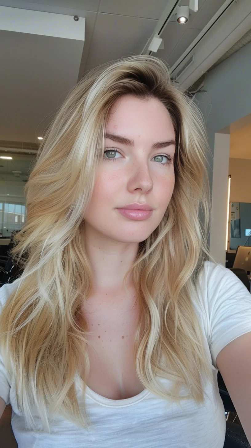 Flowing baby blonde hair features a gentle root shadow that transitions into bright platinum ends. Multiple layers create stunning volume and movement while soft waves curve in varying directions. The color incorporates warm honey tones near the roots that gradually lighten to pure icy blonde at the tips.