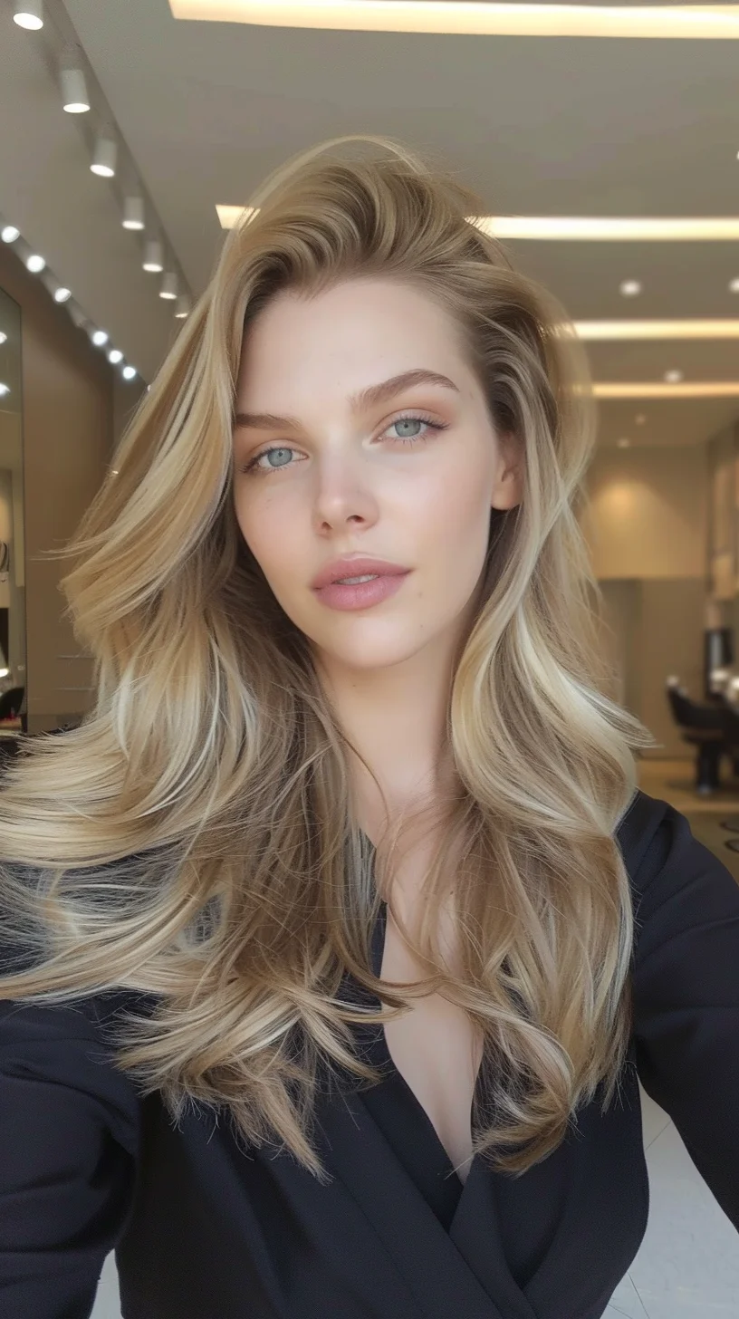 Long layers showcase a beautiful baby blonde shade with natural-looking depth. Root area displays subtle shadowing that melts into lighter mid-lengths and ends. Waves curve and coil throughout, creating dynamic movement while highlighting various blonde tones. Crown volume rises naturally before cascading into flowing layers that emphasize the multi-dimensional coloring.