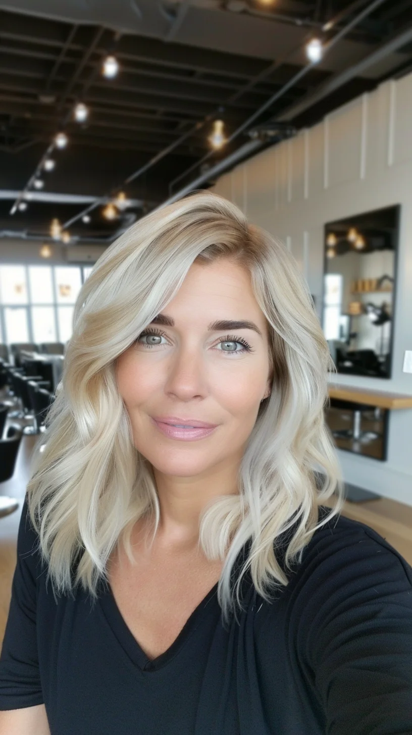 Medium-length cut features a brilliant baby blonde color with darker roots transitioning to bright ends. Side-swept layers add amazing volume while waves create natural movement. The color palette includes warm champagne tones near roots that progress to cooler platinum pieces throughout. 