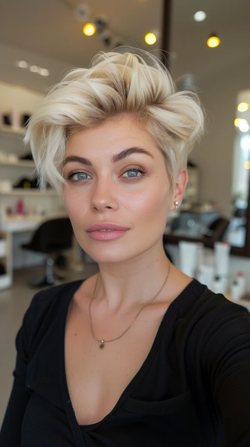 Short pixie demonstrates dramatic volume with baby blonde coloring throughout. Crown height creates bold lift while textured pieces add movement in every direction. Root shadow provides depth as color brightens toward ends. Multiple blonde tones blend together - from warm honey to cool platinum - enhancing the dynamic layers.