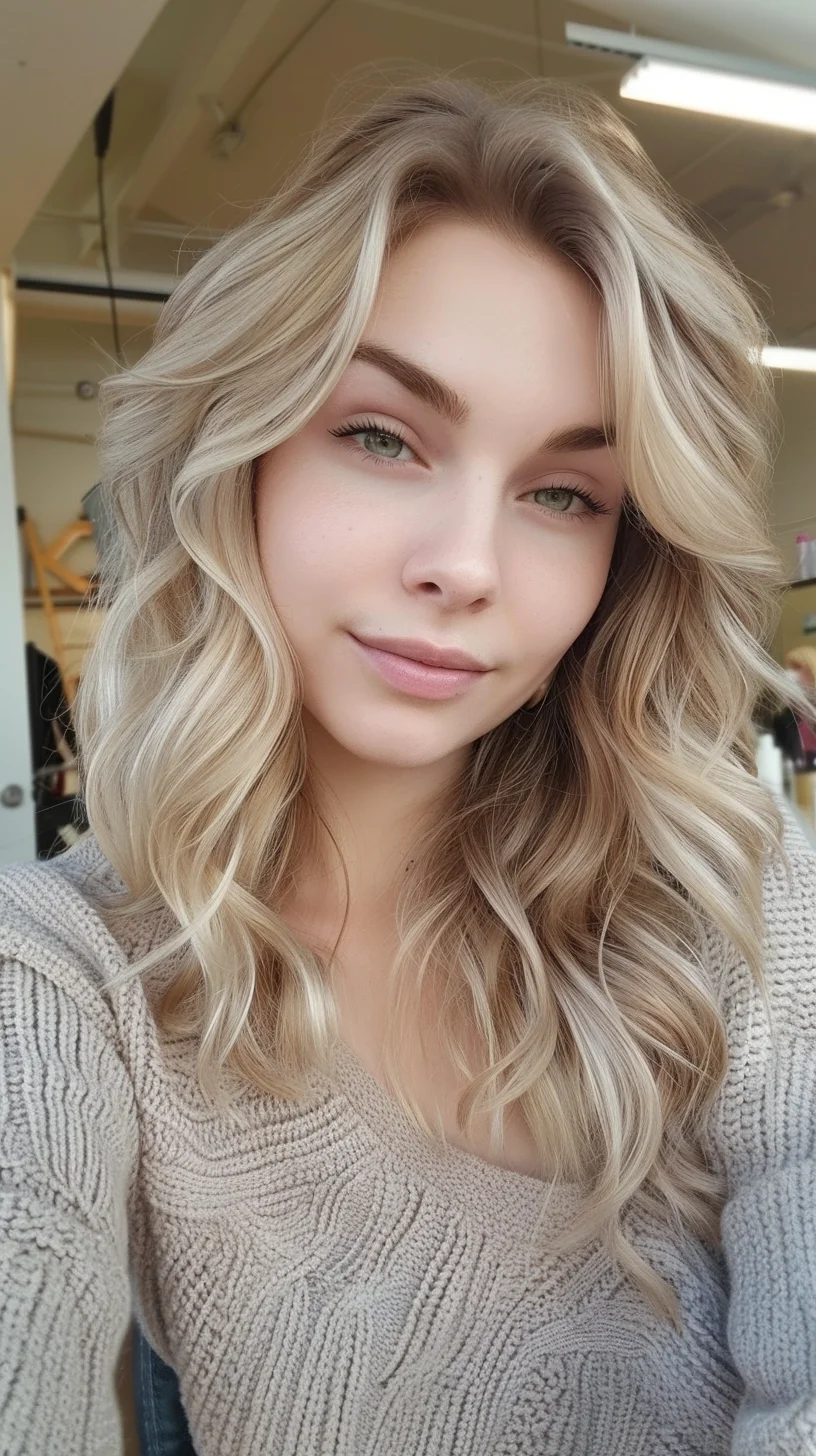 Long, flowing waves showcase a brilliant baby blonde color with subtle warm undertones. Dimensional highlights create beautiful contrast against slightly darker base, while gentle waves add soft movement. Root area displays a flawless grow-out that melts into brighter mid-lengths and ends, giving hair remarkable depth.