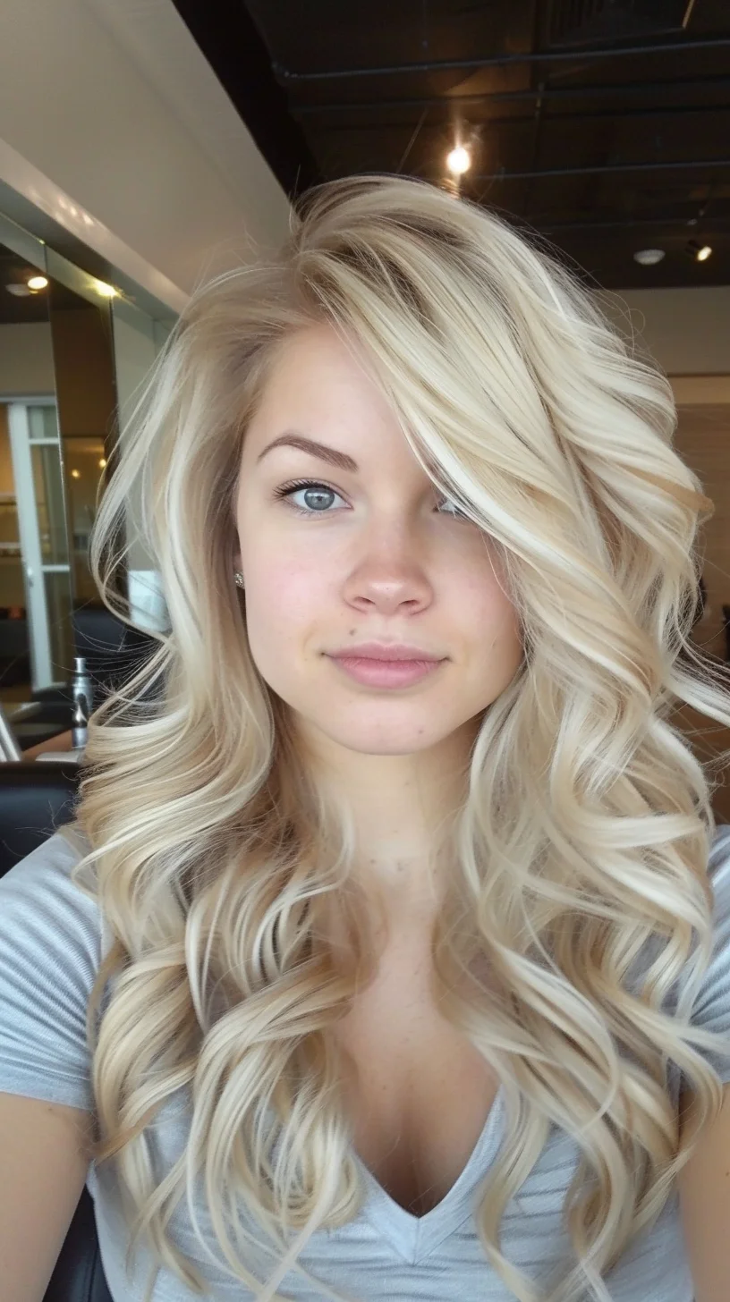 Voluminous waves display rich baby blonde coloring from roots to ends. Long layers cut at varying angles create incredible movement and body. Color transitions smoothly from deeper blonde roots through bright platinum pieces, while subtle lowlights add depth. Crown area shows lifted volume that flows into soft, bouncy waves throughout.