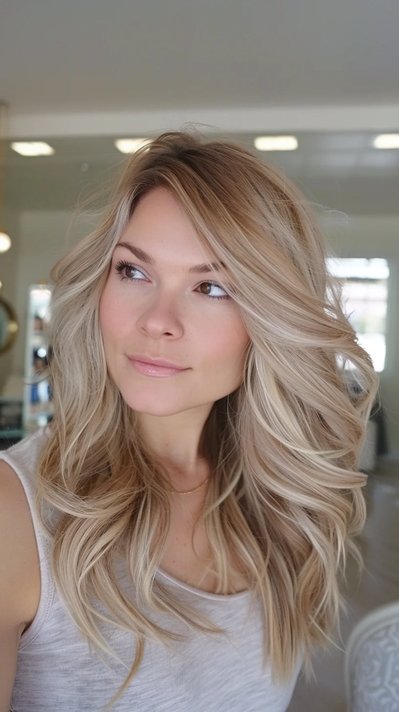 Long baby blonde hair features soft waves and multi-dimensional color throughout. Darker roots blend smoothly into bright platinum ends while subtle lowlights add depth. Multiple layers cut at varying lengths create natural volume and movement. Crown height rises before flowing into face-framing pieces.