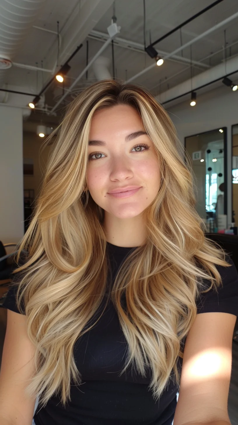 Flowing layers of baby blonde hair incorporate stunning dimension from roots to ends. Natural waves move in different directions while showcasing the varied blonde shades. Color transitions from deeper honey roots to bright platinum pieces, with both warm and cool tones throughout.